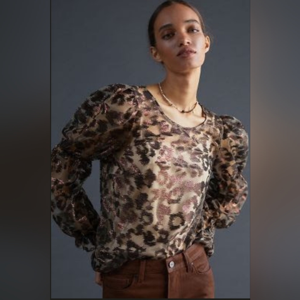 NWOT Anthropologie mesh metallic leopard print top with camisole in XS